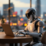 Sophisticated robot uses laptop in twilight-lit office with cityscape view.