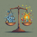 Balance scale with scientific gears and colorful artistic tools on a textured background.