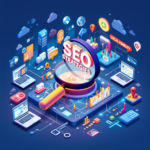 Colorful SEO strategy illustration with magnifying glass, digital icons, and connectivity clouds.