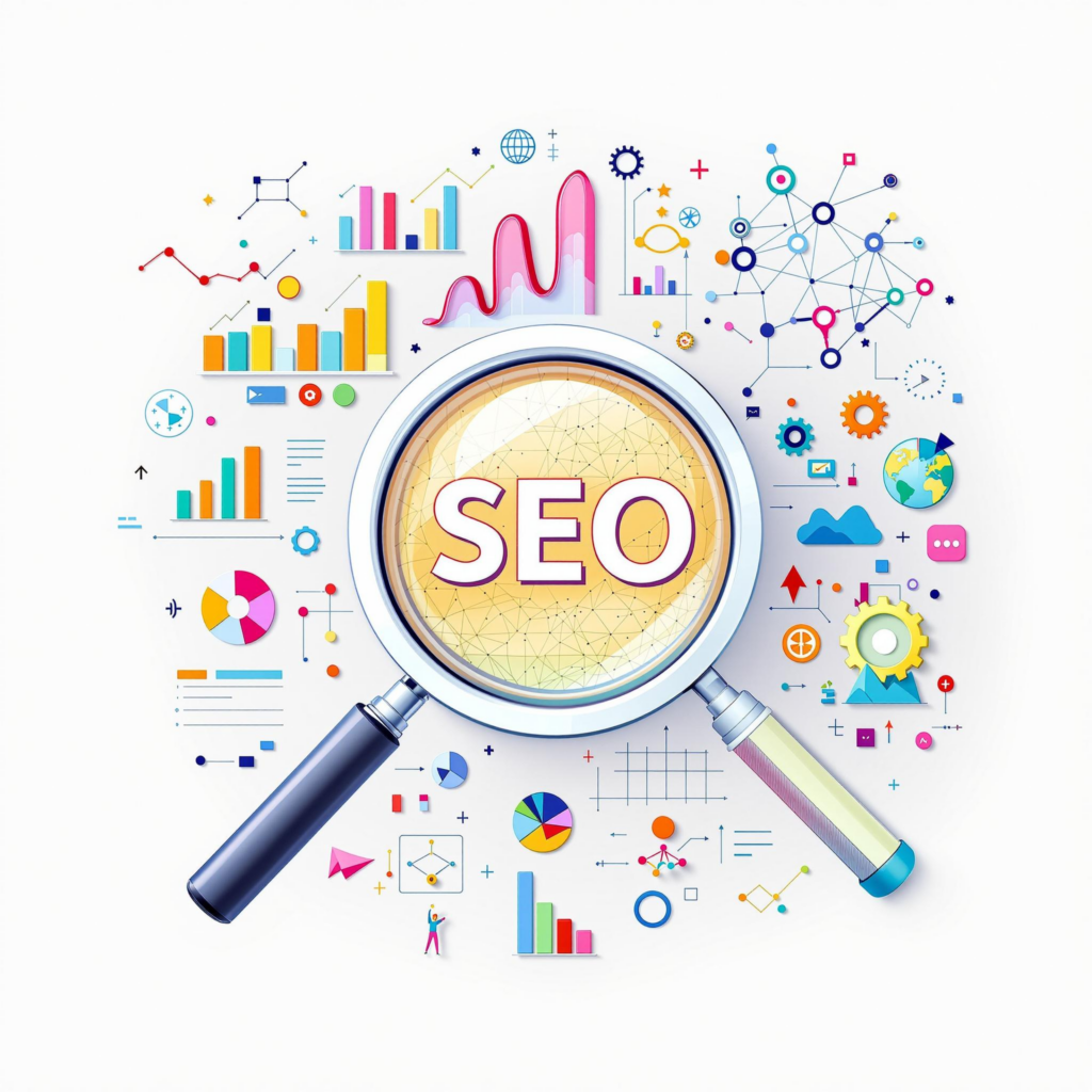 SEO analysis concept with magnifying glass, colorful charts, and digital marketing icons.