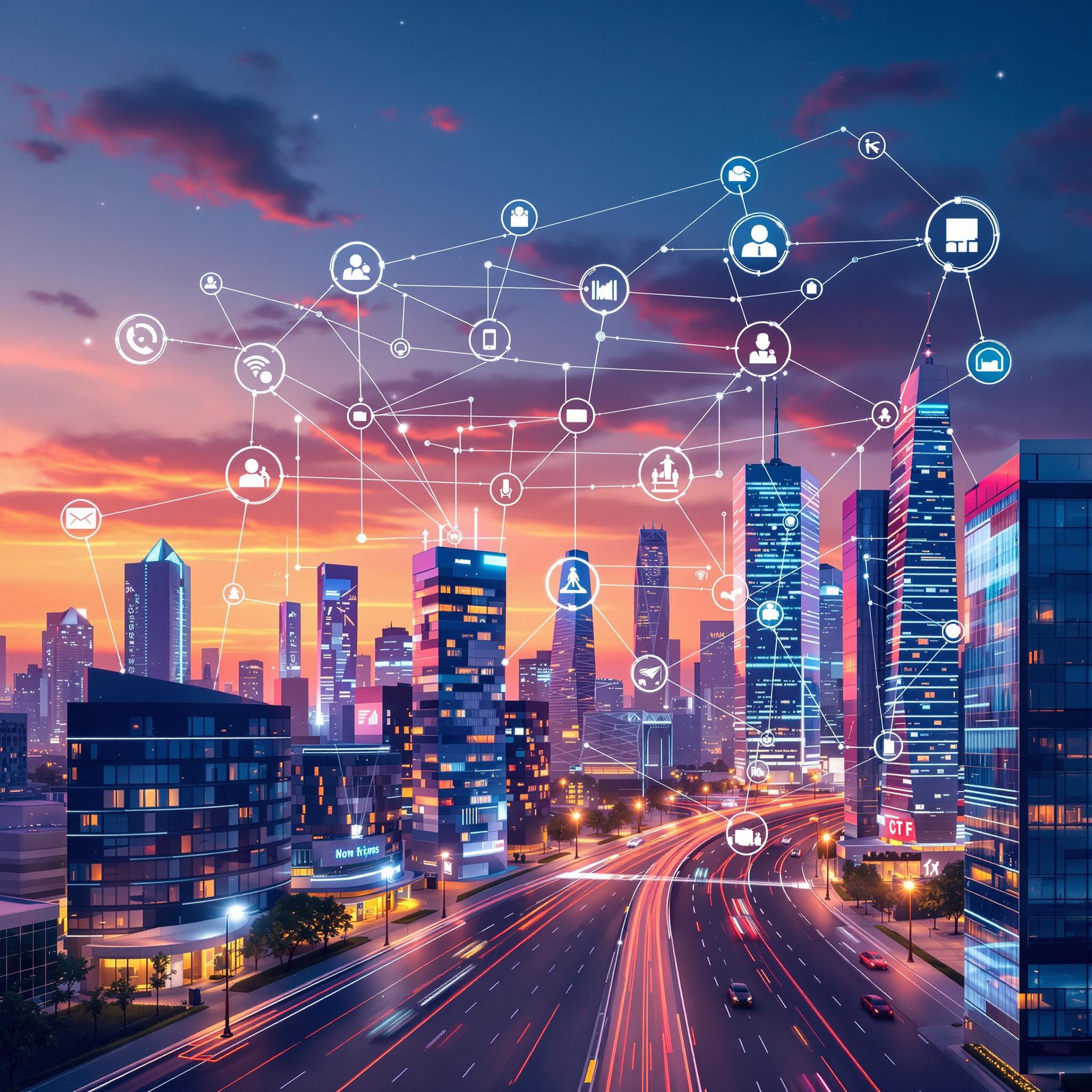 Digital smart city illustration at twilight with interconnected technology icons.