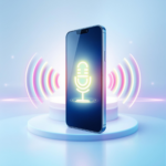 Smartphone with glowing microphone icon on radiant sound wave pedestal.