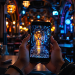 Person in cafe holds smartphone displaying futuristic, illuminated corridor in blue and orange.