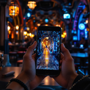 Person in cafe holds smartphone displaying futuristic, illuminated corridor in blue and orange.