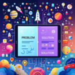 Illustration of a tablet with PROBLEM and SOLUTION screens, surrounded by space and science icons.