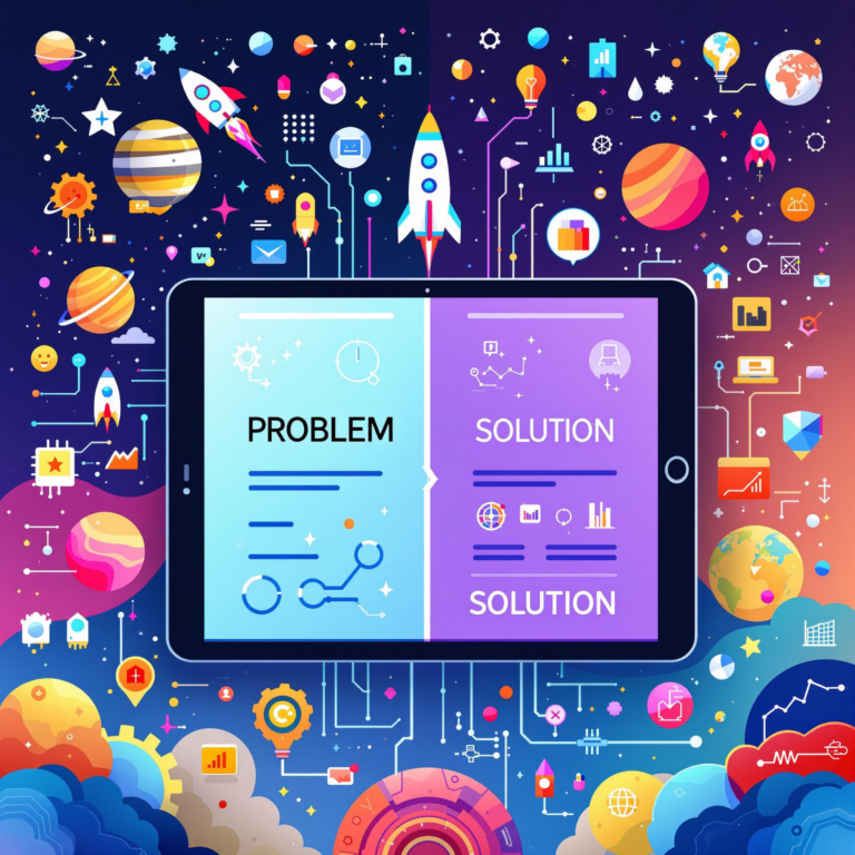 Illustration of a tablet with PROBLEM and SOLUTION screens, surrounded by space and science icons.