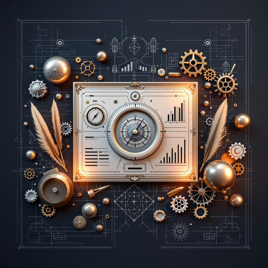 Steampunk-inspired interface with gears, quills, and dials on a schematic background.