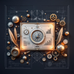 Steampunk-inspired interface with gears, quills, and dials on a schematic background.