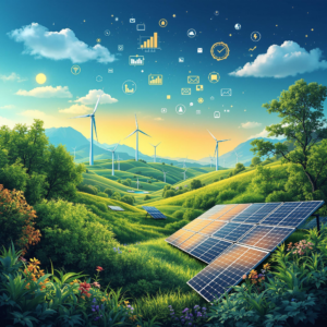 Digital art of sustainable energy landscape with solar panels, wind turbines, and data icons.