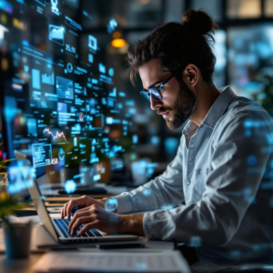 Young professional working on laptop surrounded by holographic data in a modern tech-driven office.