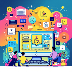 Digital accessibility workspace with data analysis and tech collaboration.