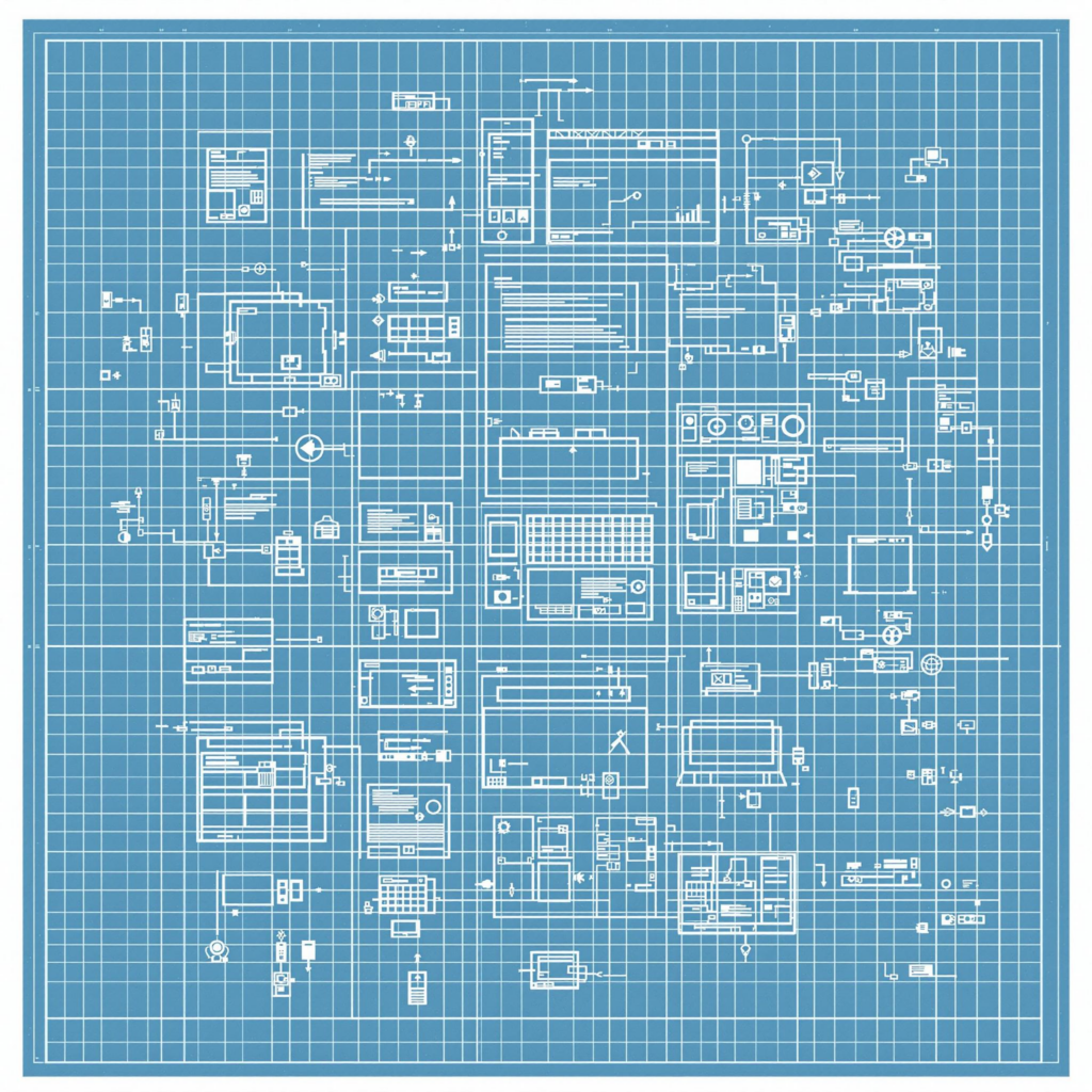 Blueprint drawing of electronics and machinery on a grid background.