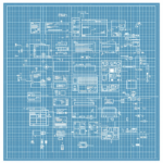 Blueprint drawing of electronics and machinery on a grid background.