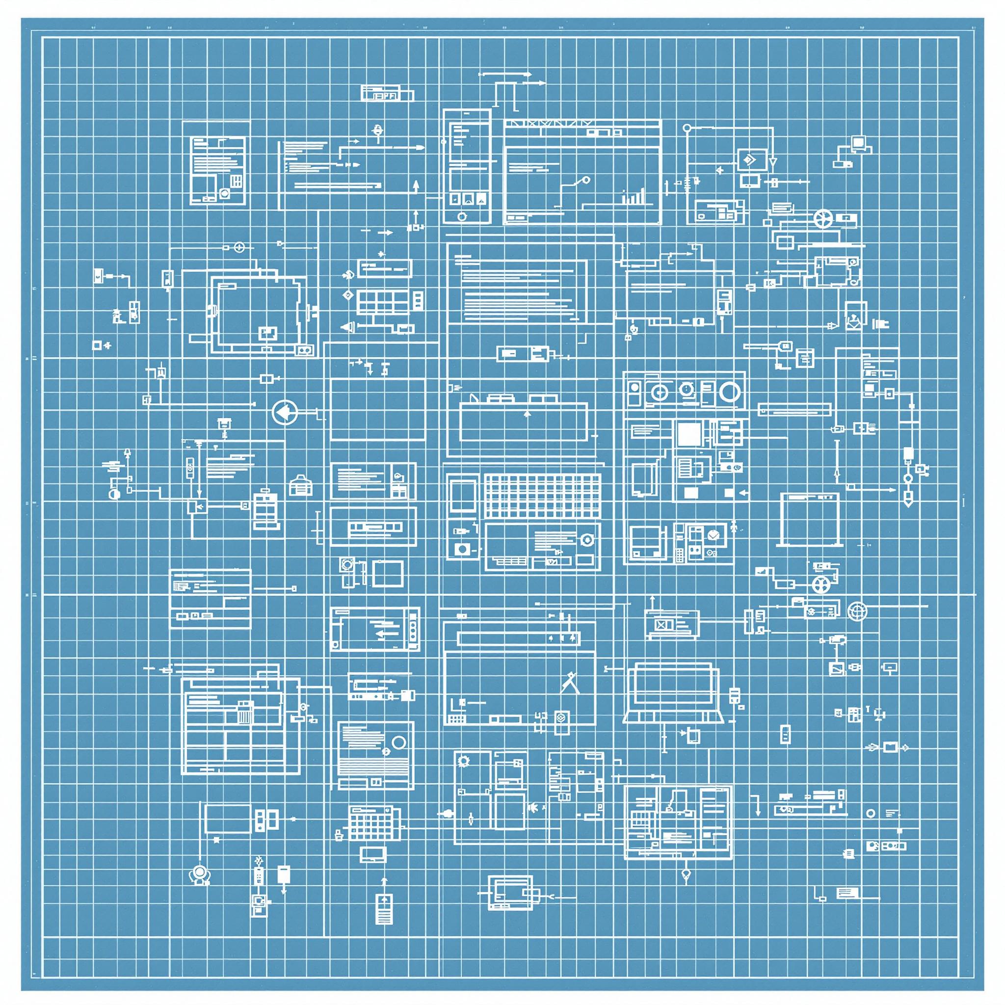 Blueprint drawing of electronics and machinery on a grid background.