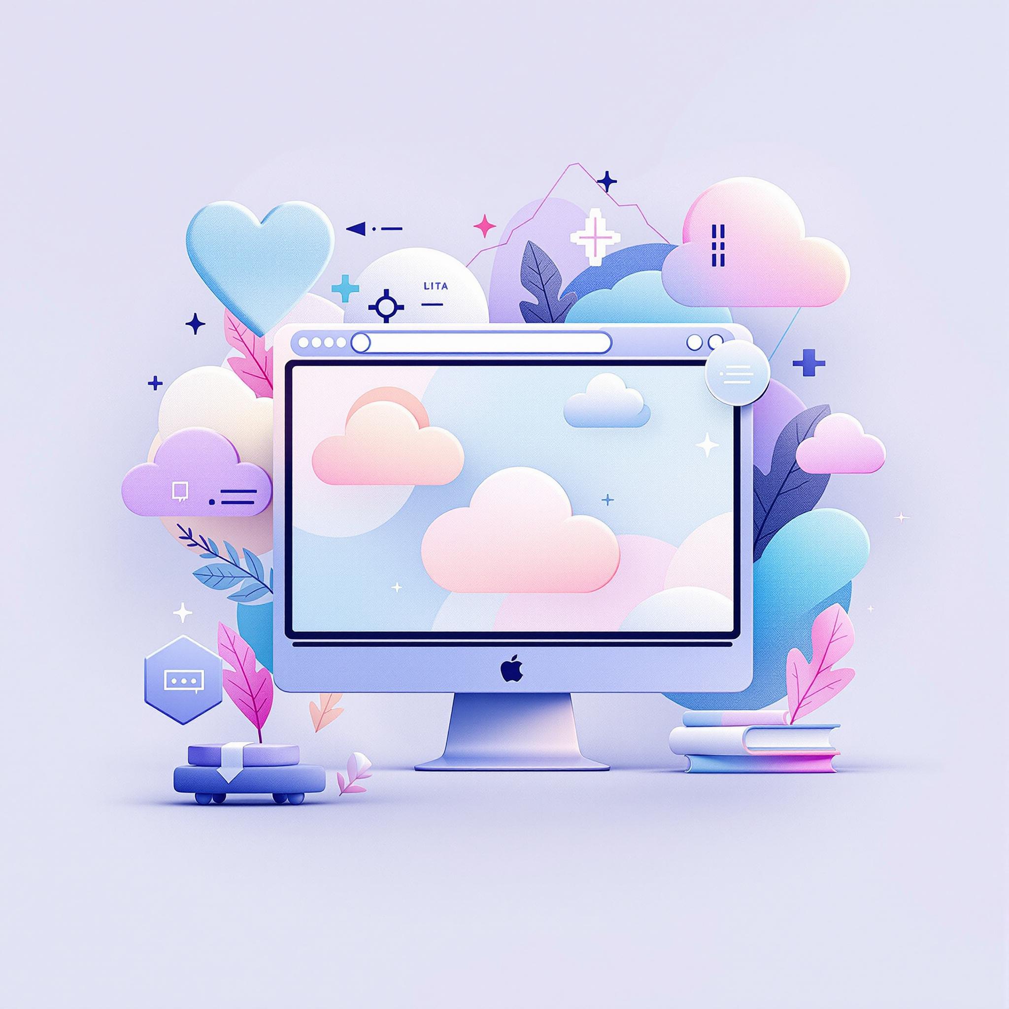 Digital artwork of an iMac displaying clouds, emphasizing white space in web design.