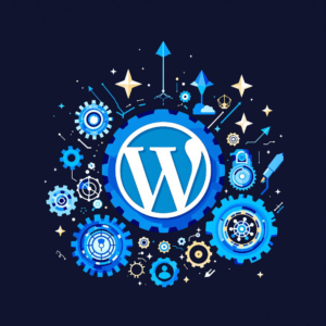 WordPress logo with gears and arrows in a blue, innovative web technology theme.