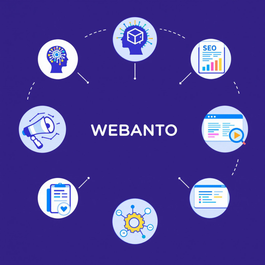 Generate an image showcasing digital icons for each service listed below in circular foramt and mention WEBANTO in between Advanced Integration: A flowchart-style icon with connected geometric shapes (circles, squares, triangles), symbolizing system connections or API workflows. Artificial Intelligence: A human head profile with a stylized circuit pattern inside, indicating machine learning or smart computing. Augmented Reality: A smartphone displaying a 3D cube partially outlined with a dashed circle, representing AR interaction. Campaign Marketing: A megaphone next to a document with bar graphs, conveying targeted promotions or advertising strategies. Digital Experience Analytics: A computer monitor with a line graph featuring colored data points, signifying user behavior analysis. Search Engine Optimization: A magnifying glass next to the letters “SEO” and a yellow gear, symbolizing keyword and technical optimization. Social Media Management: Speech bubbles and a play button icon, indicating messaging, video content, and social engagement tools. Website Development: A browser window with code brackets (“”), representing web coding and site building.