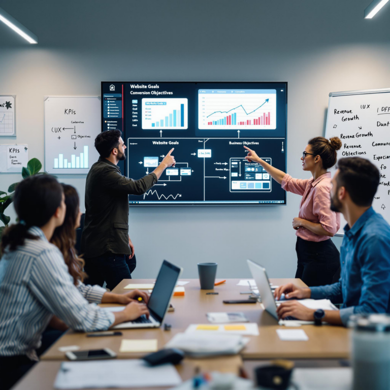 A modern office setting featuring a business team analyzing website analytics on large digital screens. The screens display graphs, conversion metrics, and goal charts. One screen shows a flowchart connecting “Website Goals” to “Business Objectives” with arrows. Team members appear collaborative, pointing at key data with a focused expression. Include elements like laptops, post-it notes, and a whiteboard with strategic terms like "KPIs", "UX", and "Revenue Growth". Bright, professional lighting with a clean, tech-inspired aesthetic