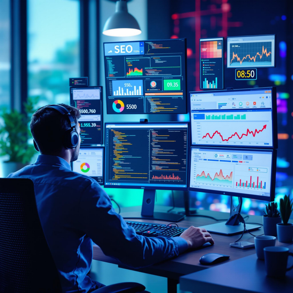 A digital image showcasing a web developer sitting at a desk with multiple monitors displaying code, SEO analytics, and website performance graphs, symbolizing technical SEO optimization work